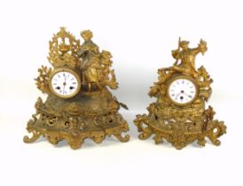 Late 19th Century French gilt spelter mantel clock with a circular white enamelled dial enclosing an