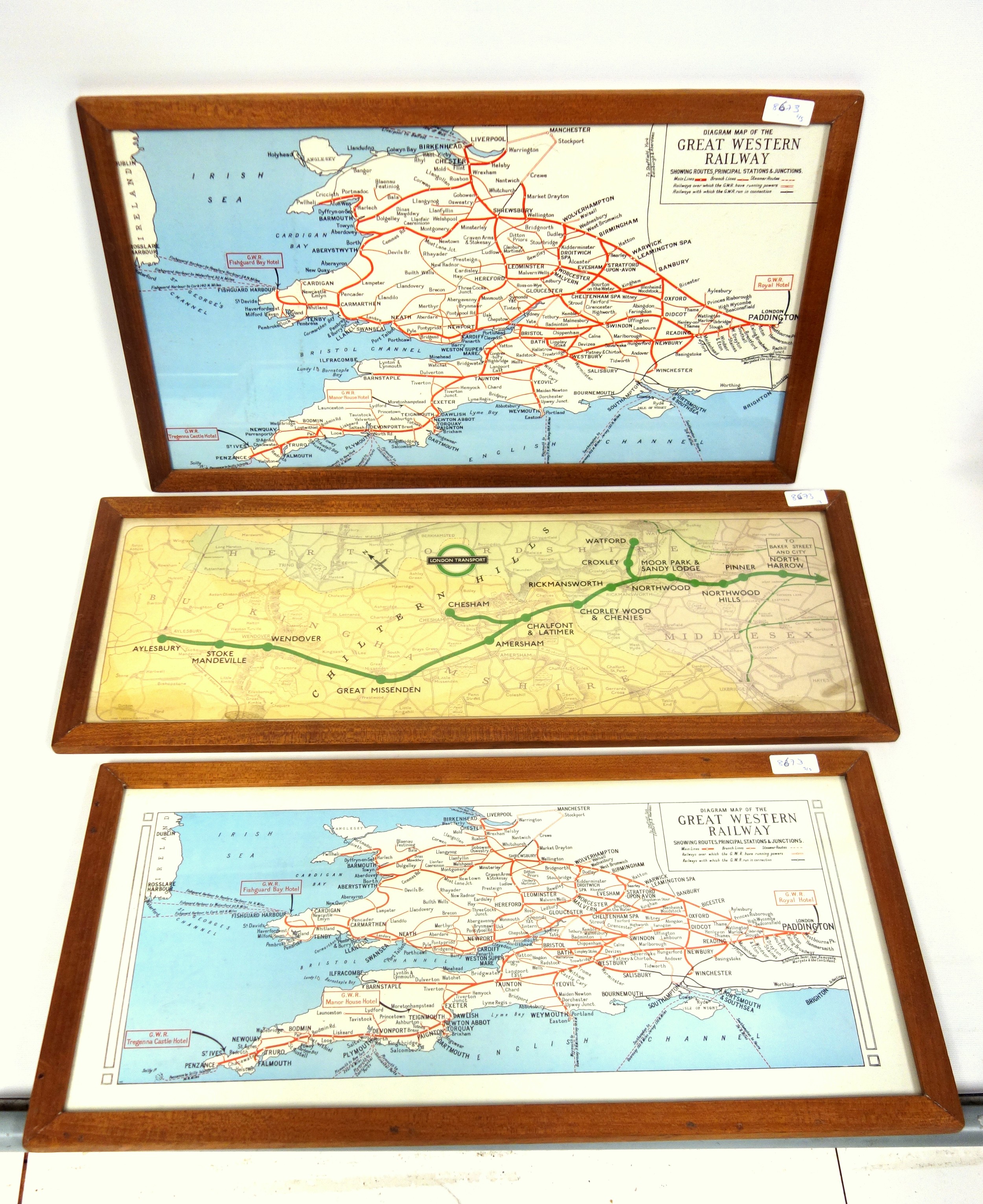 Three framed maps of Great Western Railway (two slightly different), and one London Transport from