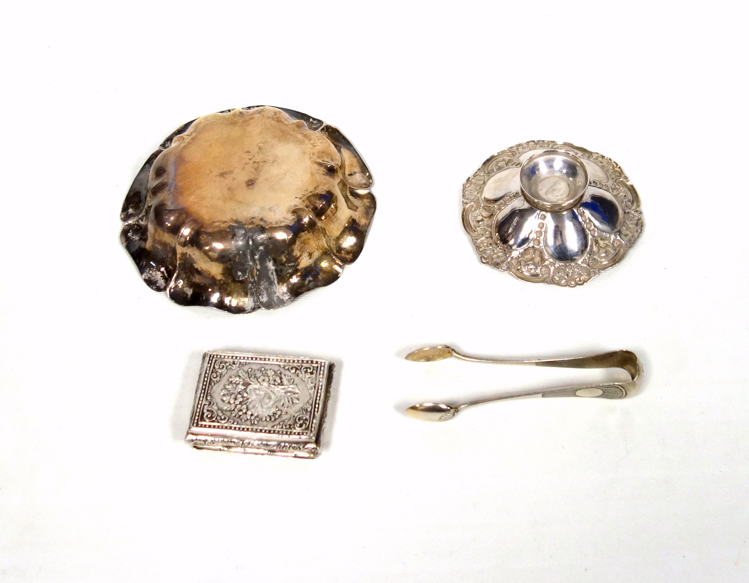 Pair of Polish silver sugar tongs, 2nd 875 standard; shaped hammered circular bowl, 800, (faults); - Image 2 of 4