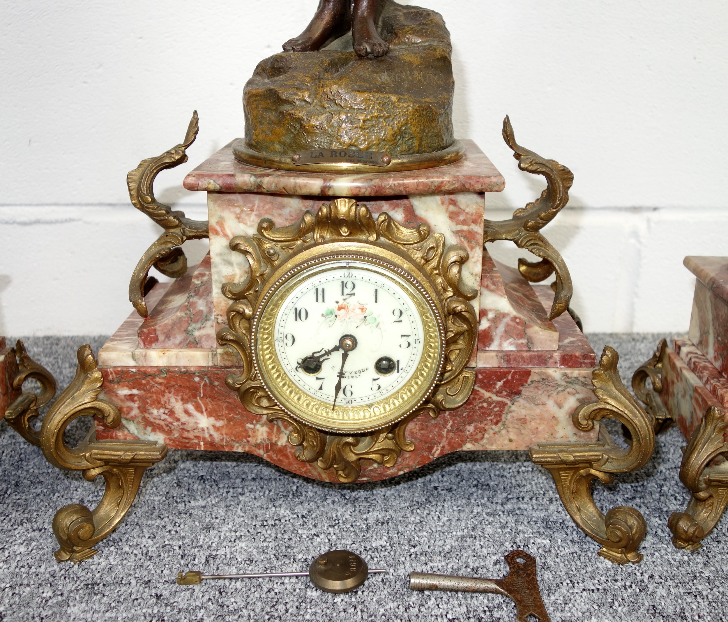 Late 19th Century French 3 piece garniture comprising a gilt spelter and marble mantel clock with - Image 2 of 6