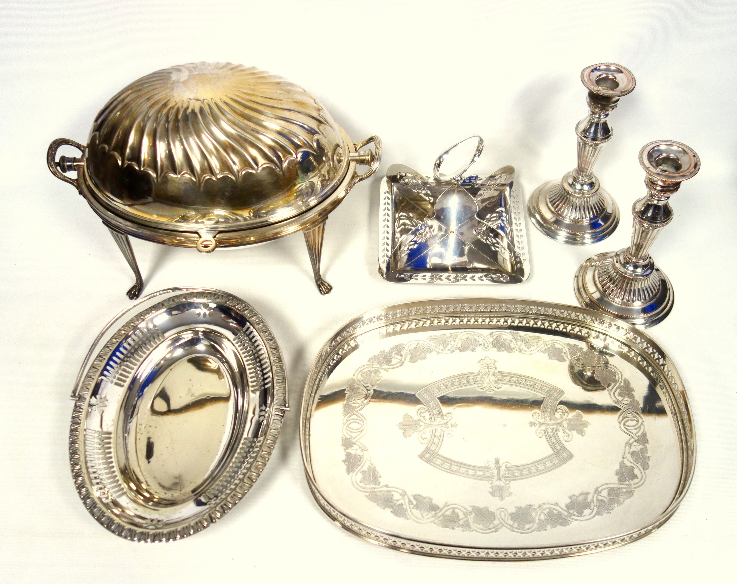 Silver plated revolving oval breakfast dish, W.34cm; pair of candlesticks, sandwich stand, oval - Image 3 of 5