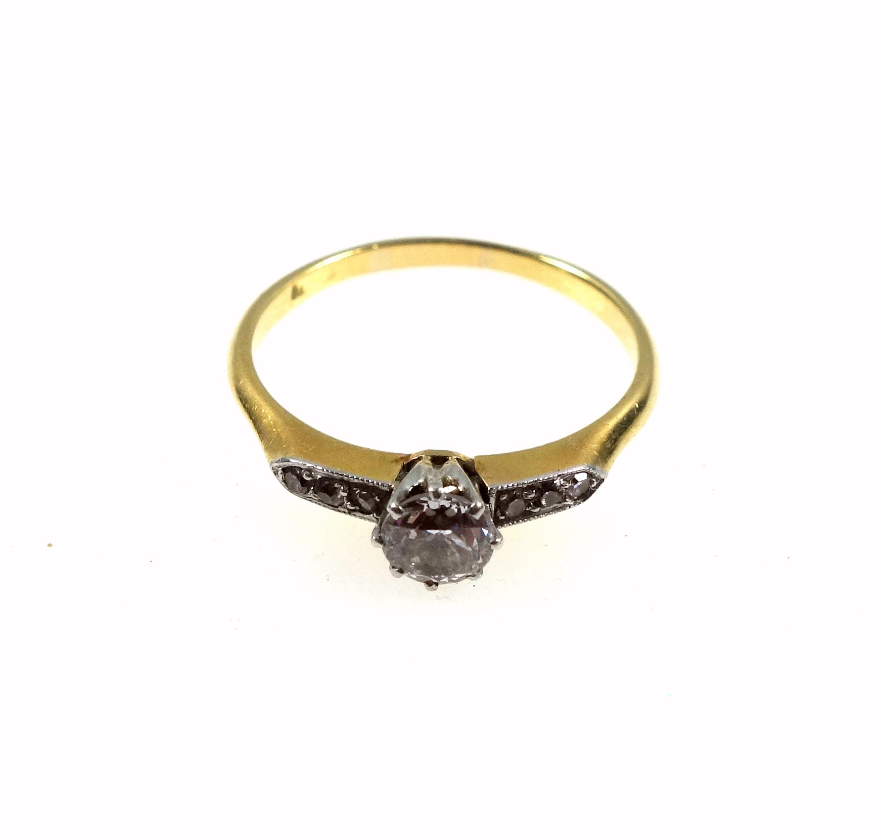 Yellow metal and diamond ring, size O, centre diamond 0.5 carat approx., shoulders set brilliants, - Image 2 of 5