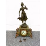 Late 19th Century French spelter and onyx mantel clock with a circular enamelled dial enclosing an 8