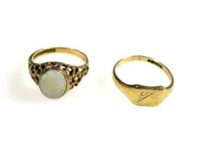 9ct gold and opal dress ring, size O 1/2, with pierced shoulders, 2.8 grams and a 9ct signet ring,