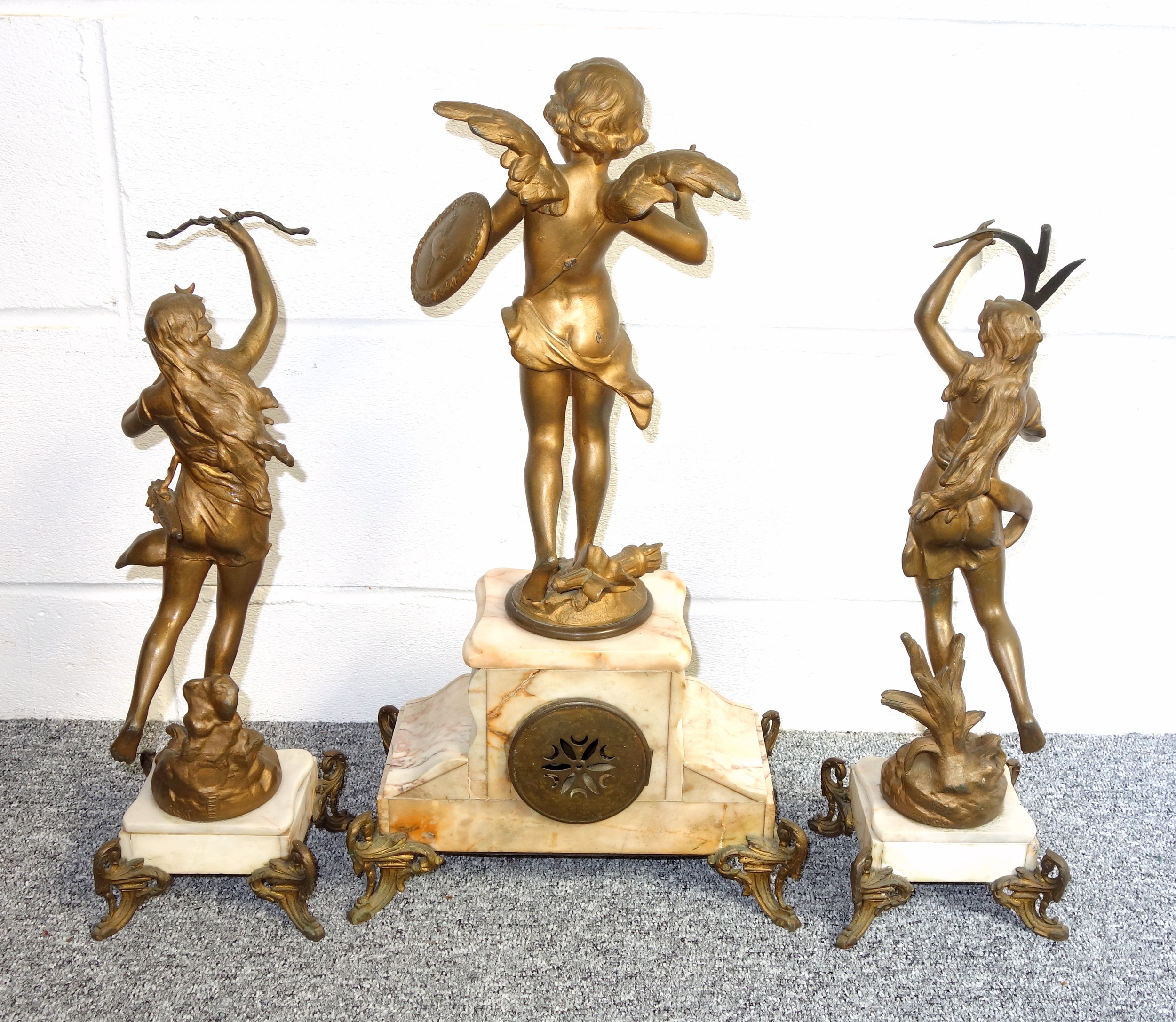 Early 20th Century French 3 piece garniture comprising a gilt spelter and marble mantel clock with - Image 5 of 9