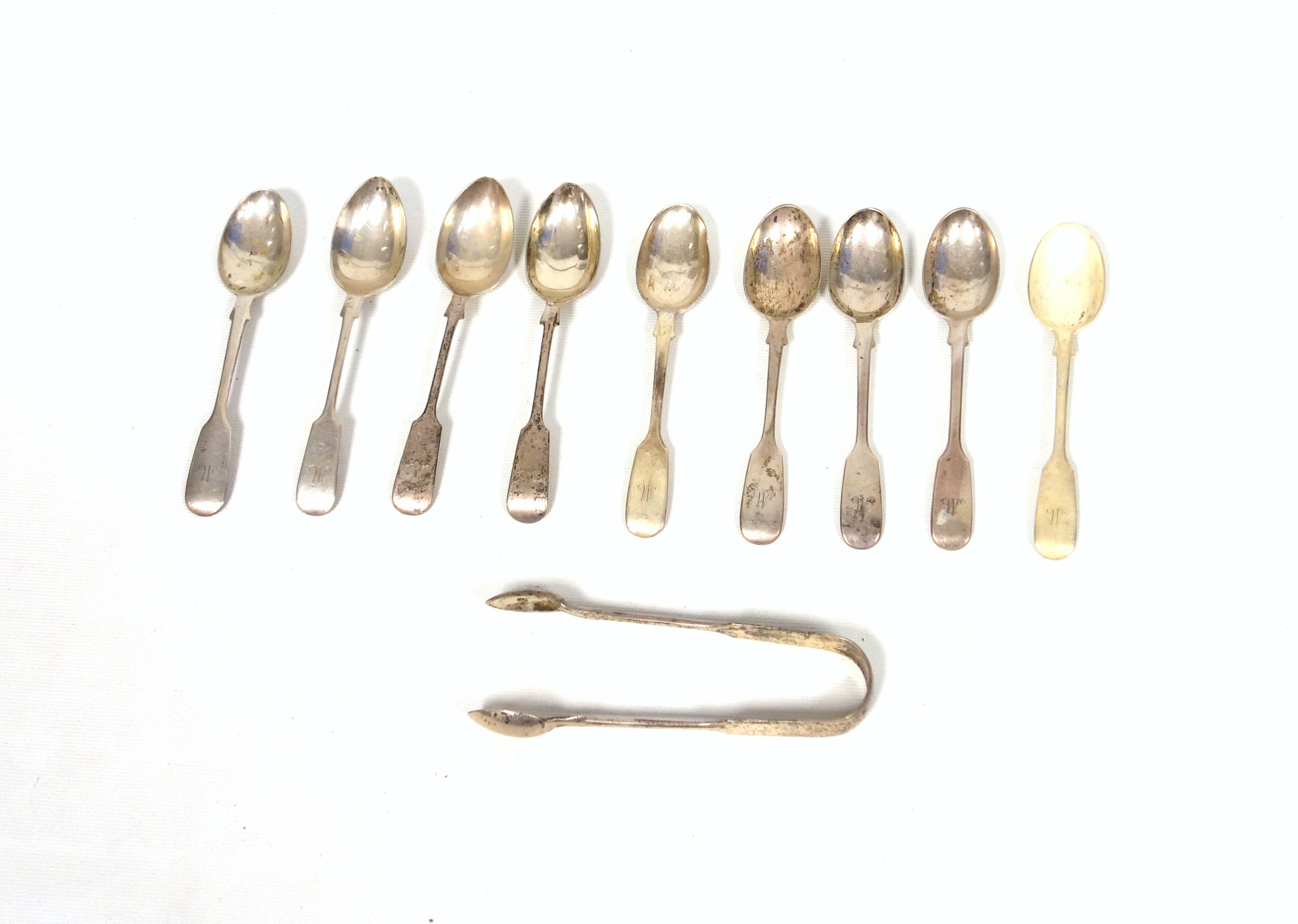 Set of 6 Victorian Fiddle Pattern teaspoons and a pair of sugar tongs, by Henry Holland, London,