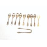 Set of 6 Victorian Fiddle Pattern teaspoons and a pair of sugar tongs, by Henry Holland, London,