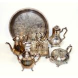 Victorian silver plated melon shaped teapot, another teapot, coffee pot, 4 piece tea and coffee set,