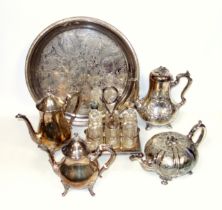 Victorian silver plated melon shaped teapot, another teapot, coffee pot, 4 piece tea and coffee set,