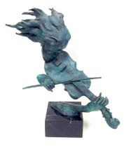 Contemporary sculpture of a female upper torso playing a violin, with green patinated bronze finish,