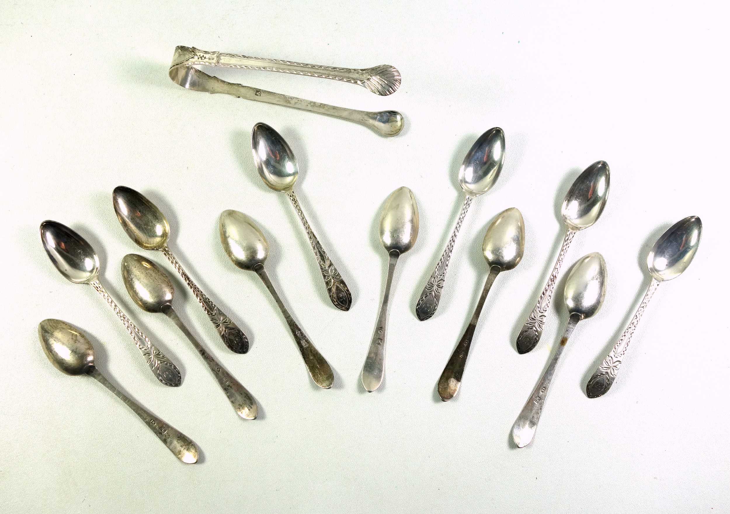 Set of 12 George III Scottish Provincial silver teaspoons and a pair of sugar tongs, each with - Image 2 of 2