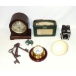 Roberts green Model R 200 transistor radio, Ansonia domed mantel clock with an 8 day movement