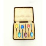 Set of 6 silver gilt and coloured enamel harlequin shell back coffee spoons, by S. Ltd., Birmingham,