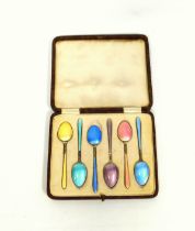 Set of 6 silver gilt and coloured enamel harlequin shell back coffee spoons, by S. Ltd., Birmingham,