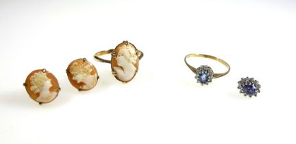 9ct gold cluster ring set blue stone and diamonds, size R, a similar single earring, gross weight