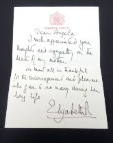 HM Queen Elizabeth II, letter to Angela Lascelles (wife of the Queen's first cousin), inscribed in