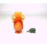 Chinese rust agate vase with 2 captive rings within carved scroll handles, H.9cm, and a miniature