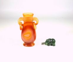 Chinese rust agate vase with 2 captive rings within carved scroll handles, H.9cm, and a miniature