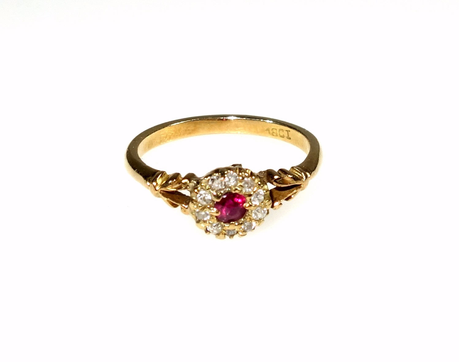 18ct diamond and ruby cluster ring stamped 18ct, set old cut ruby and diamonds, ring size N 1/2, - Image 3 of 7