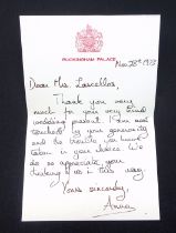 H.R.H. The Princess Anne hand-written letter on Buckingham Palace headed notepaper to the Hon. Mrs