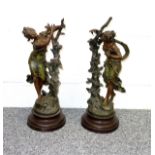 Late 19th Century French spelter figures after Moreau of two maidens wearing flowing costume, each