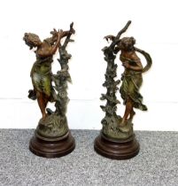 Late 19th Century French spelter figures after Moreau of two maidens wearing flowing costume, each