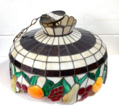 Tiffany style coloured lead glazed hanging lampshade, with a band of hanging fruits, Dia.51cm, (1