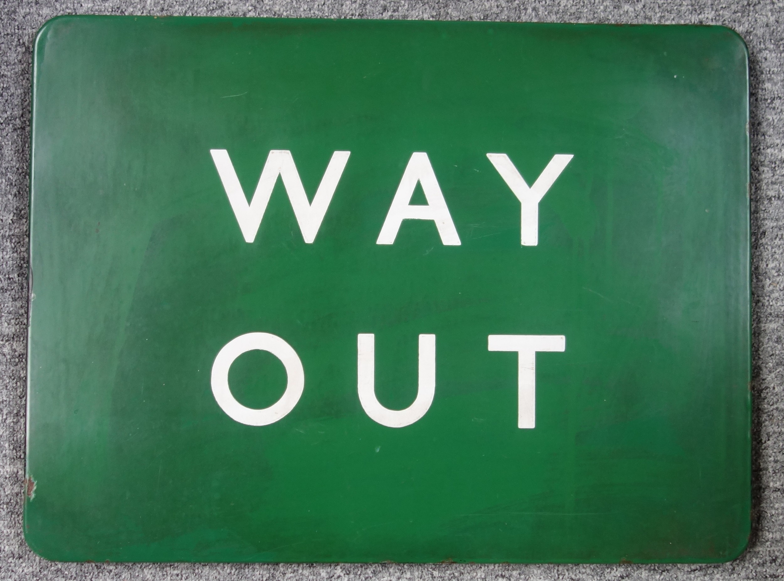 Southern Railway rounded rectangular enamel "Way out" sign, with white lettering on a green