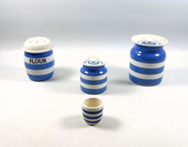 T. G. Green Cornishware Flour sifter, H.11.5cm; Jar with cover, H.12.5cm; smaller jar, H.8.5cm,