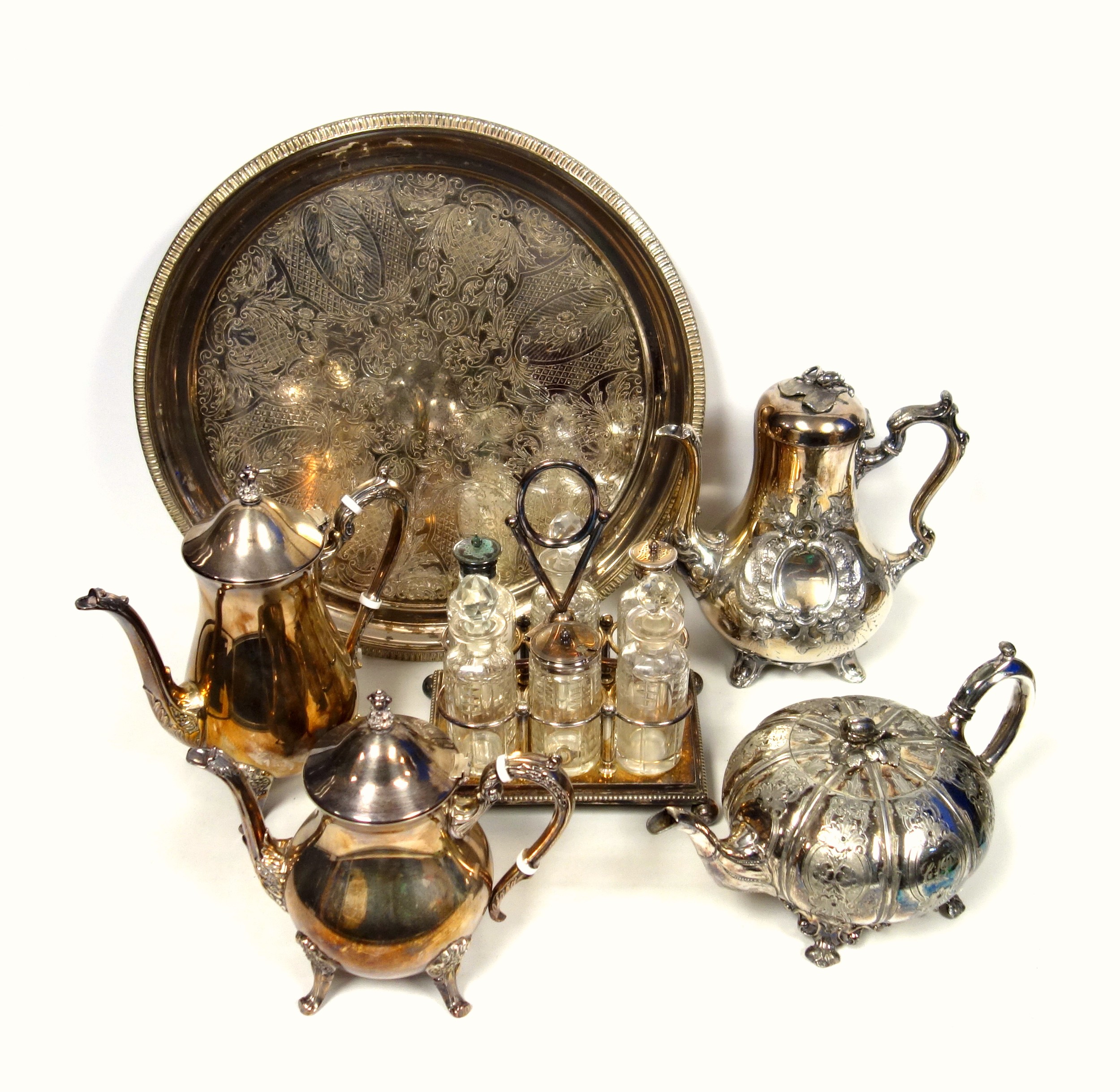 Victorian silver plated melon shaped teapot, another teapot, coffee pot, 4 piece tea and coffee set, - Image 2 of 6