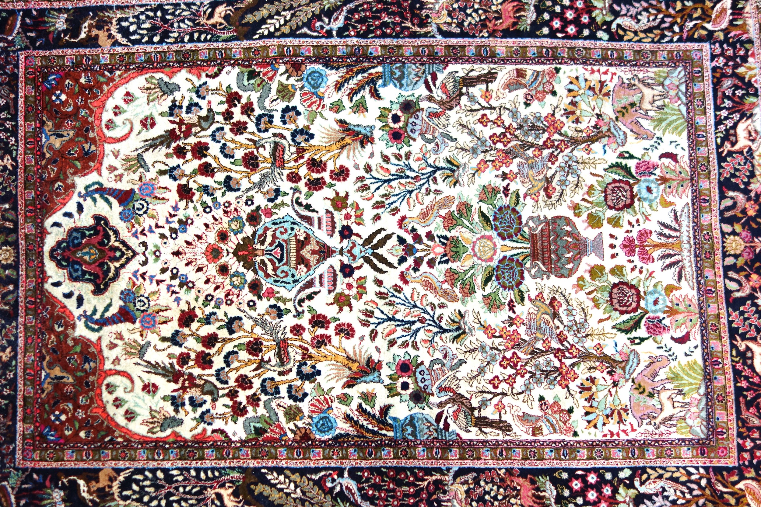 Persian "Tree of Life" prayer rug, the ivory field with all-over flowering trees, animals, and birds - Image 2 of 4