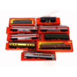 9 Tri-ang Hornby coaches, R.159, R.331, R.352, R.344, R.441, R.442, R.423, R.443, and R.620, all