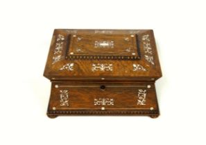 Victorian rosewood work box, of sarcophagus form, with mother-of-pearl inlay, on bun feet, 15.2 x