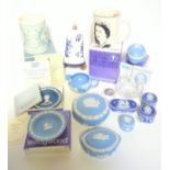 Wedgwood pale blue jasperware including an egg shaped trinket box, 'Aquarius' pin tray, cream jug
