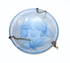 Art Deco blue frosted glass plafonnier with 3 moulded birds surrounding a central flower motif,