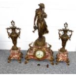 Late 19th Century French 3 piece garniture comprising a gilt spelter and marble mantel clock with