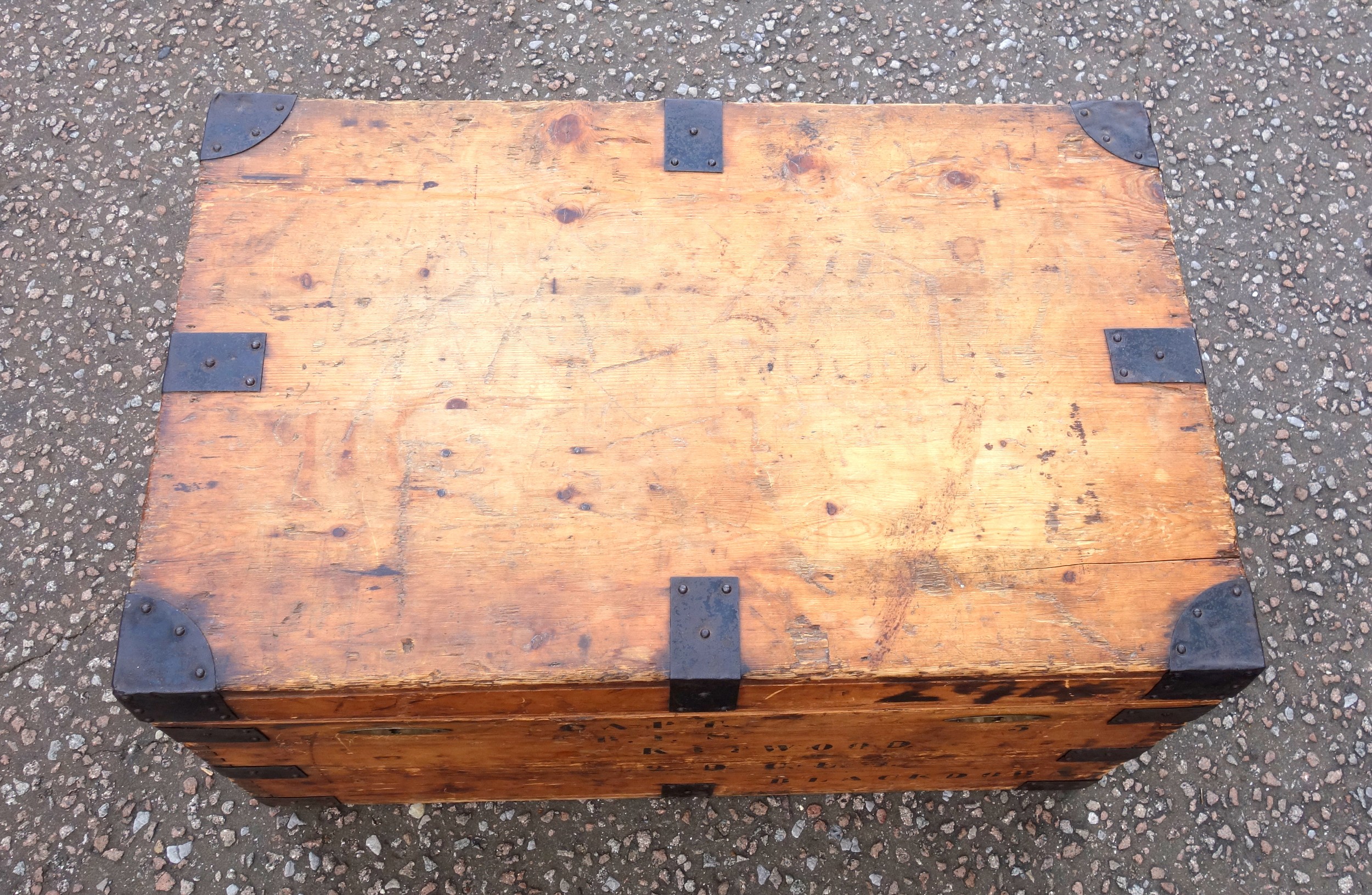 Victorian pine campaign chest inscribed "Capt. R T S Kitwood 2 D. C. L. _?, Blackdown", the hinged - Image 3 of 10