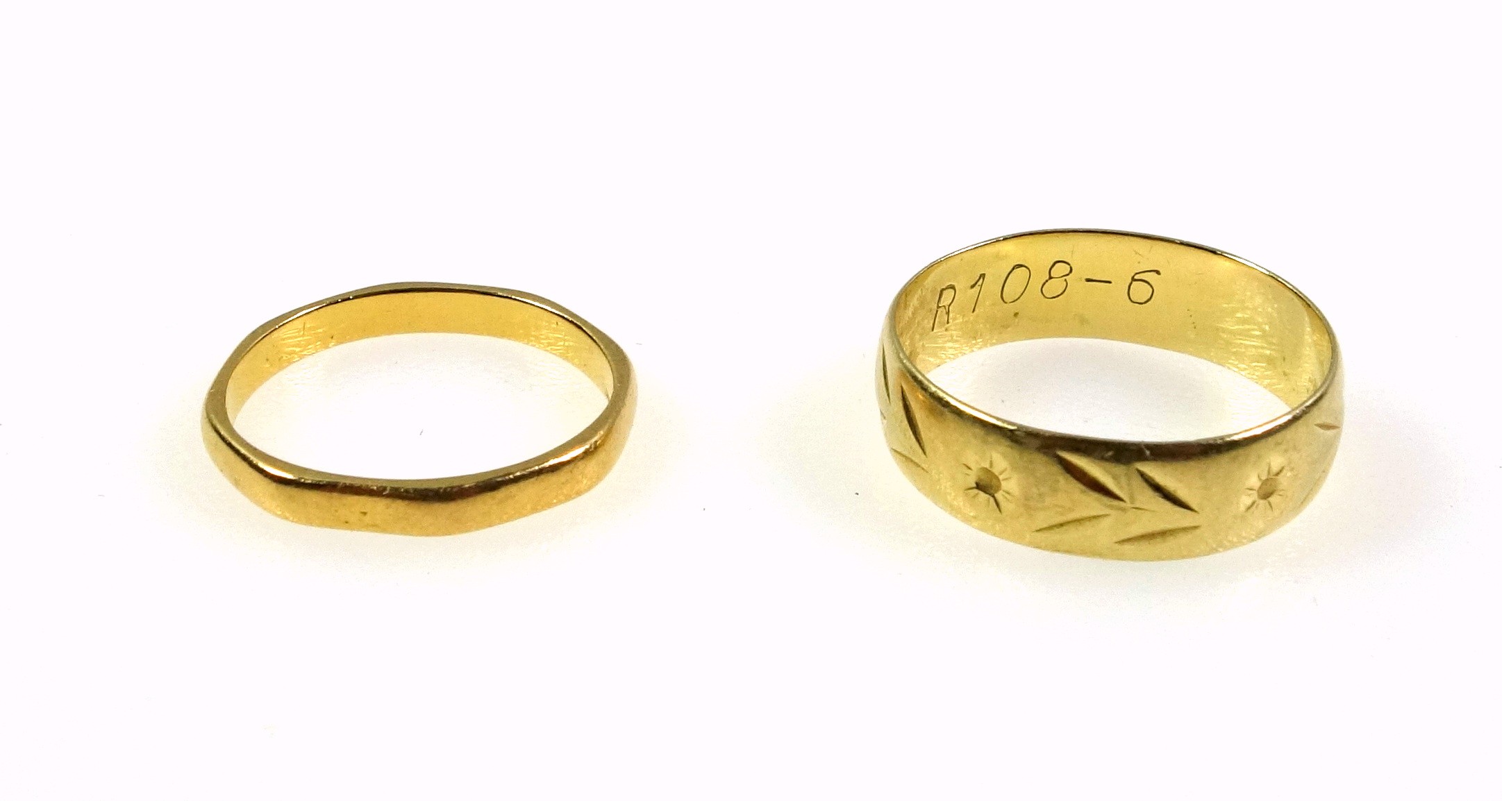 22ct gold octagonal wedding ring by S & D, Chester, 1948, 2.2grs, and an 18ct gold wedding ring with - Image 3 of 5