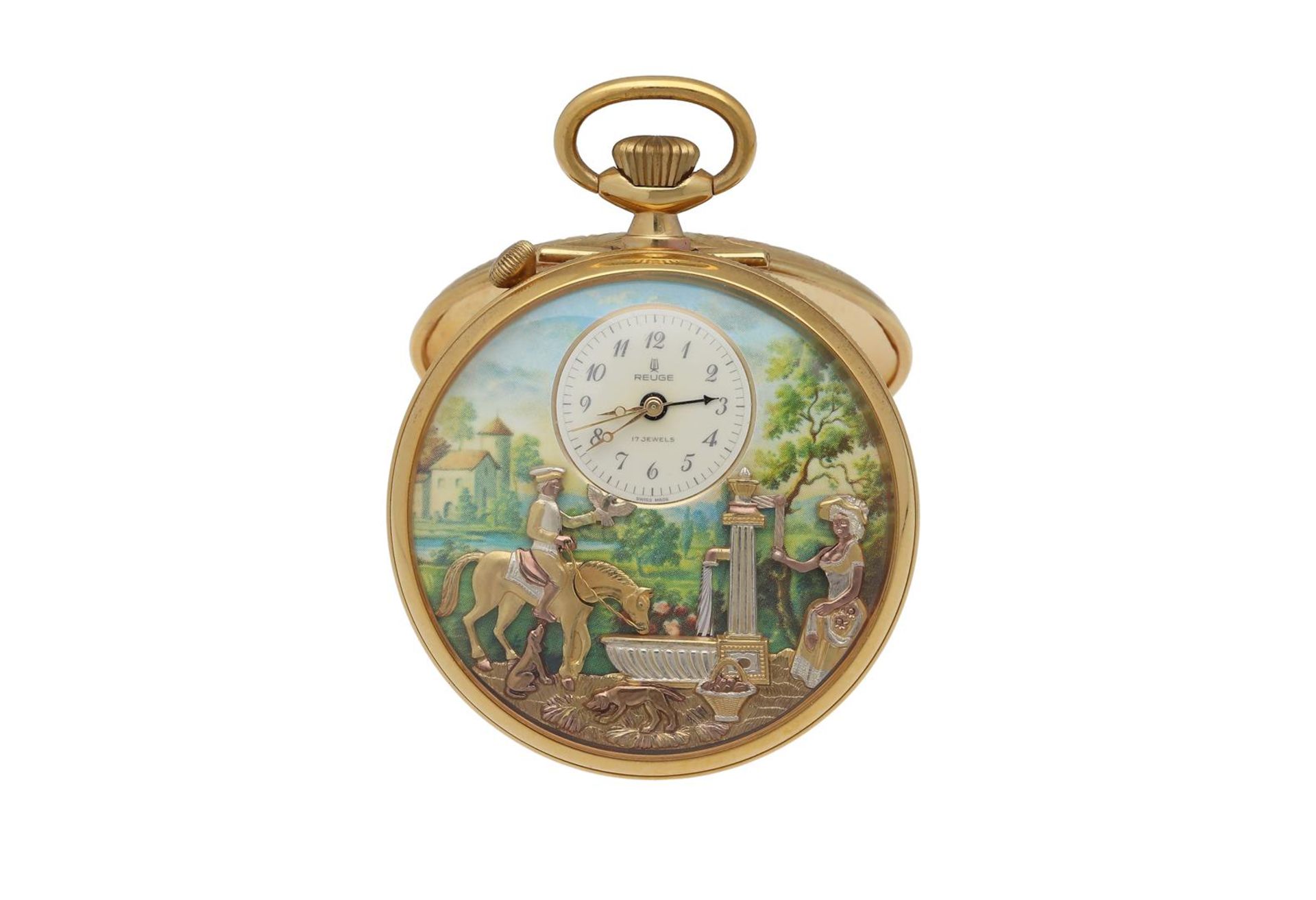 Charles Reuge, gold plated automaton musical pocket watch,'The Fountain'.
D: 57 mm