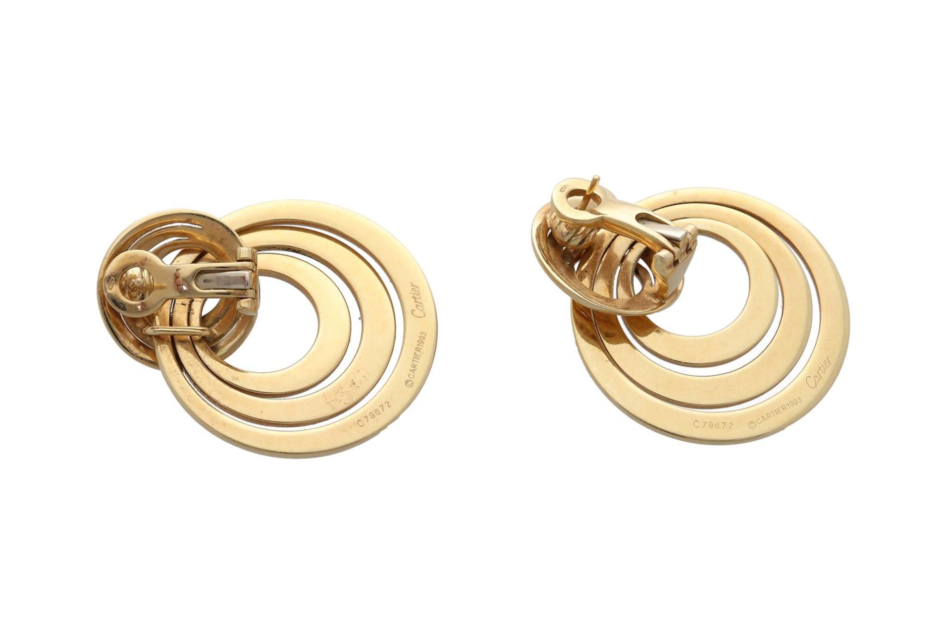 Cartier, a pair of 18-kt gold earrings, stamped Cartier, 1993 and No. C79672. D: 3,5 cm. Total weigh - Image 2 of 2