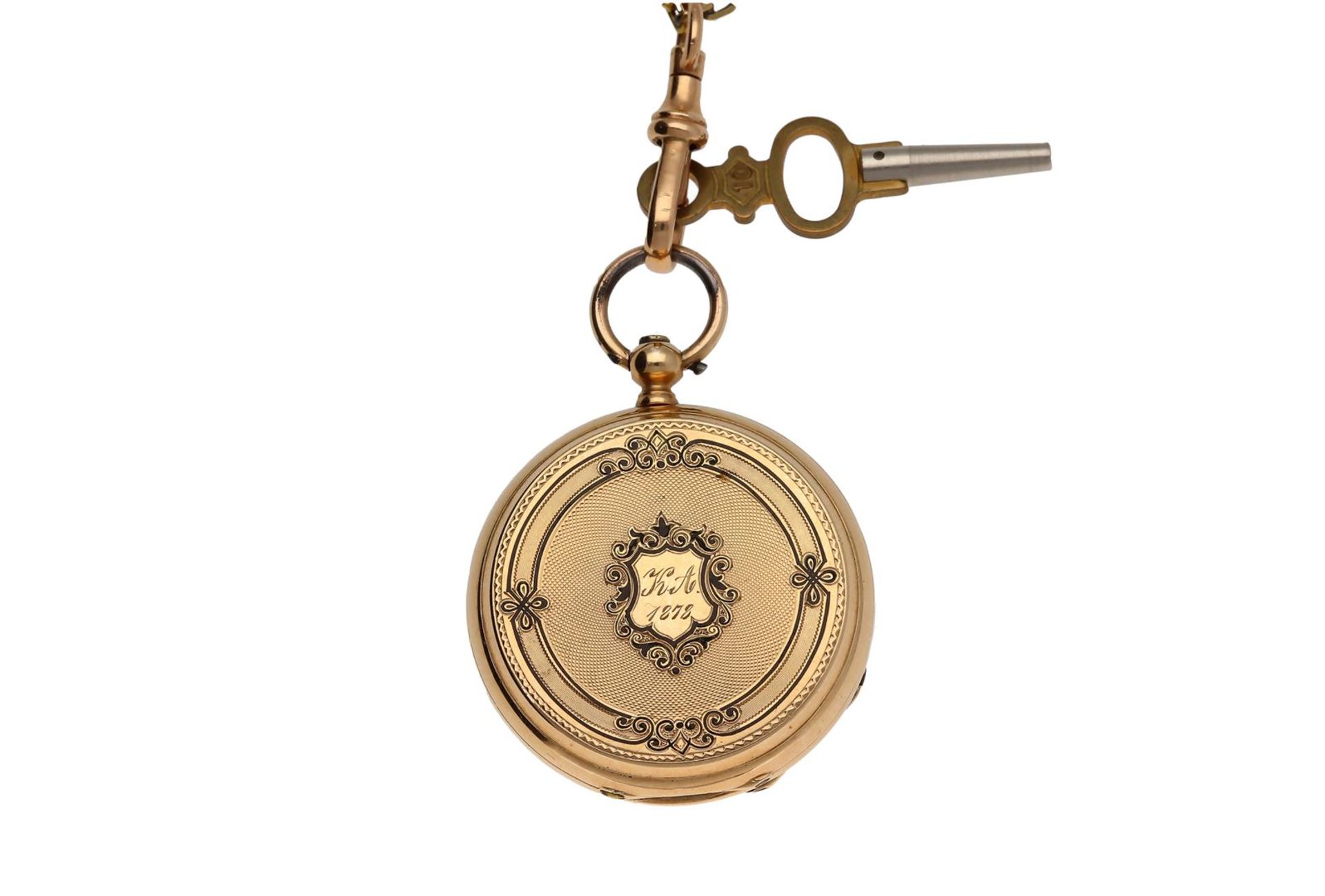 A 14-kt gold ladies remontoir pocket watch on a gold chain, Peret et fils, the engraved case with mo - Image 7 of 9