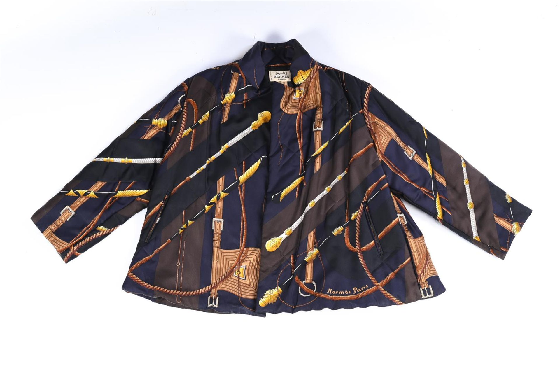 Hermes, a silk open jacket, with riding crop pattern and two side pockets. Size: 38 Fr.