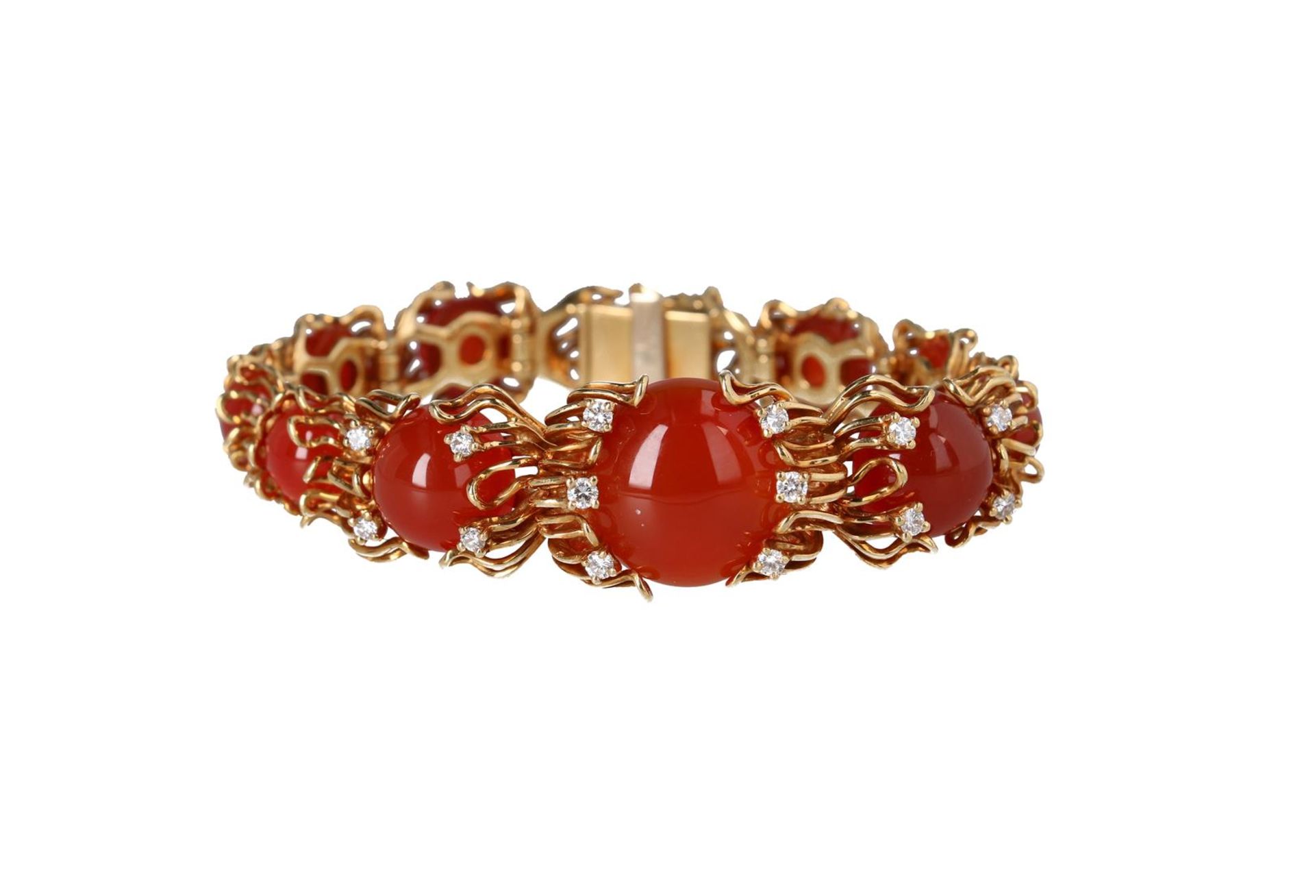 An 18-kt gold bracelet, set with carnelian cabochons and brilliant cut diamonds, in total approx. 0.