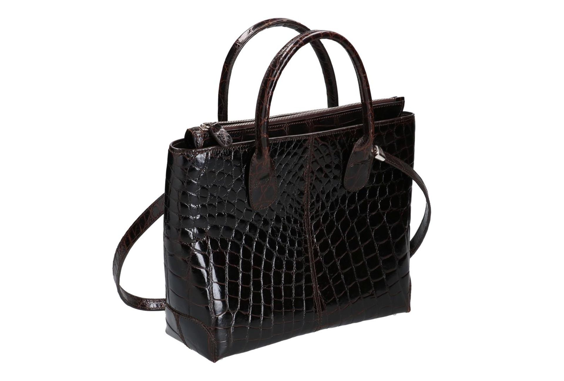 Tods, brown crocodile pattern leather handbag with shoulder strap. H x W x D: 25 x 33 x 10 cm.
