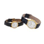 Maurice Lacroix, pair of gold plated 'his & hers' watches, with quartz movement with date on a black