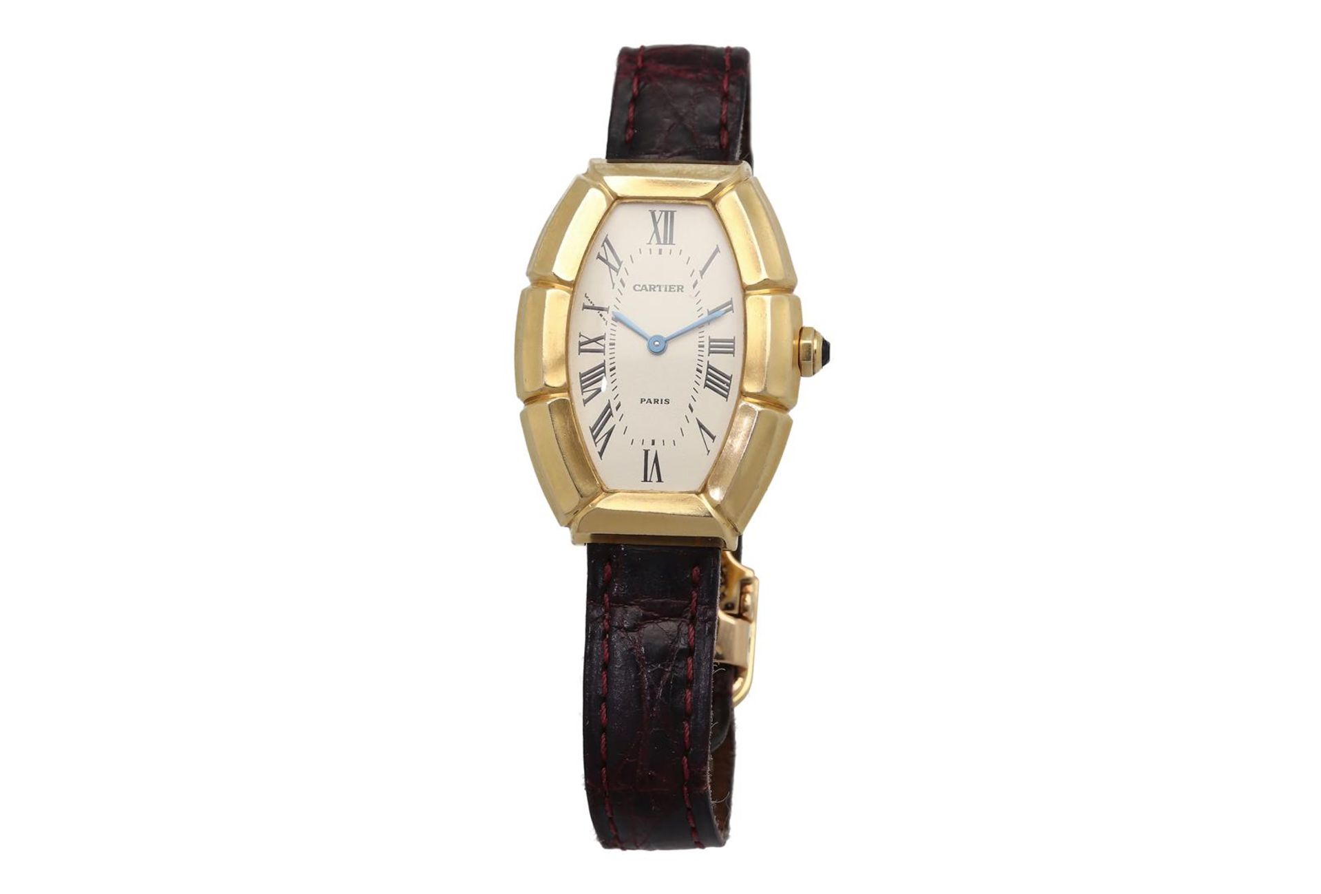 Cartier, an 18-kt gold wristwatch, model Tonneau Bamboo, No. A111973, with quartz movement, on a bro