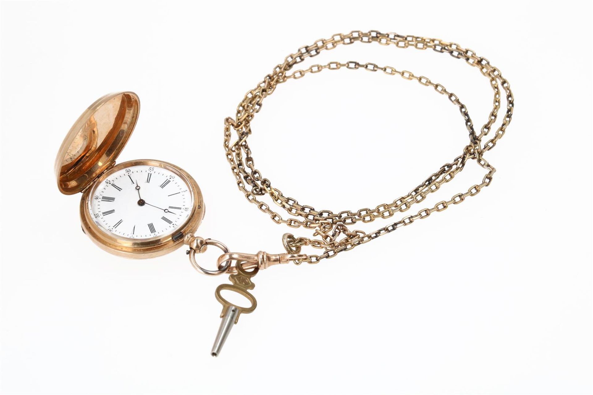 A 14-kt gold ladies remontoir pocket watch on a gold chain, Peret et fils, the engraved case with mo - Image 2 of 9