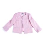 Chanel, a soft pink and white wool one button blazer, with two front pockets. Size: 40 Fr.