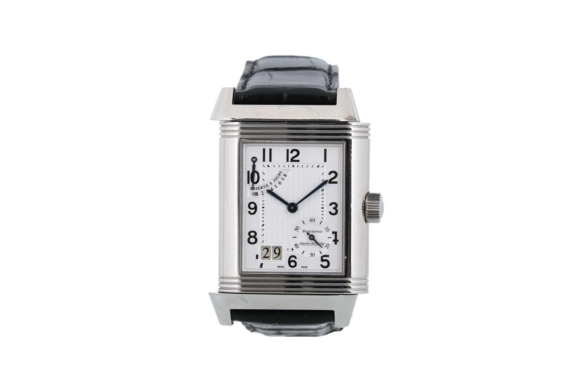 Jaeger-LeCoultre, steel gentlemans watch, 'Reverso Grande Date', 8-day, manual movement with date, p