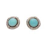 A pair of 18-kt white goldearrings, set with a treated turquoise cabochon and an entourage of brilli
